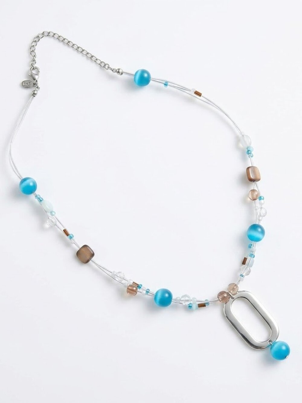 Blue Beaded Necklace Silver Oval Pendant Boho Y2K Beachy Coastal Summer